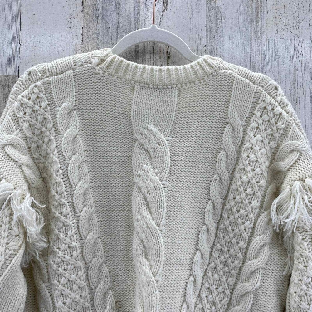 Cupcakes and Cashmere Boho Cozy Sweater Large Cream Cable Knit Fringe Wool Blend - Picture 5 of 10